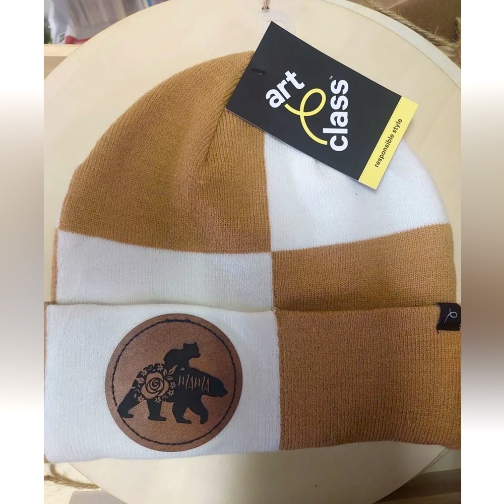 Arts & class women’s beanie custom made patch ironed on it.